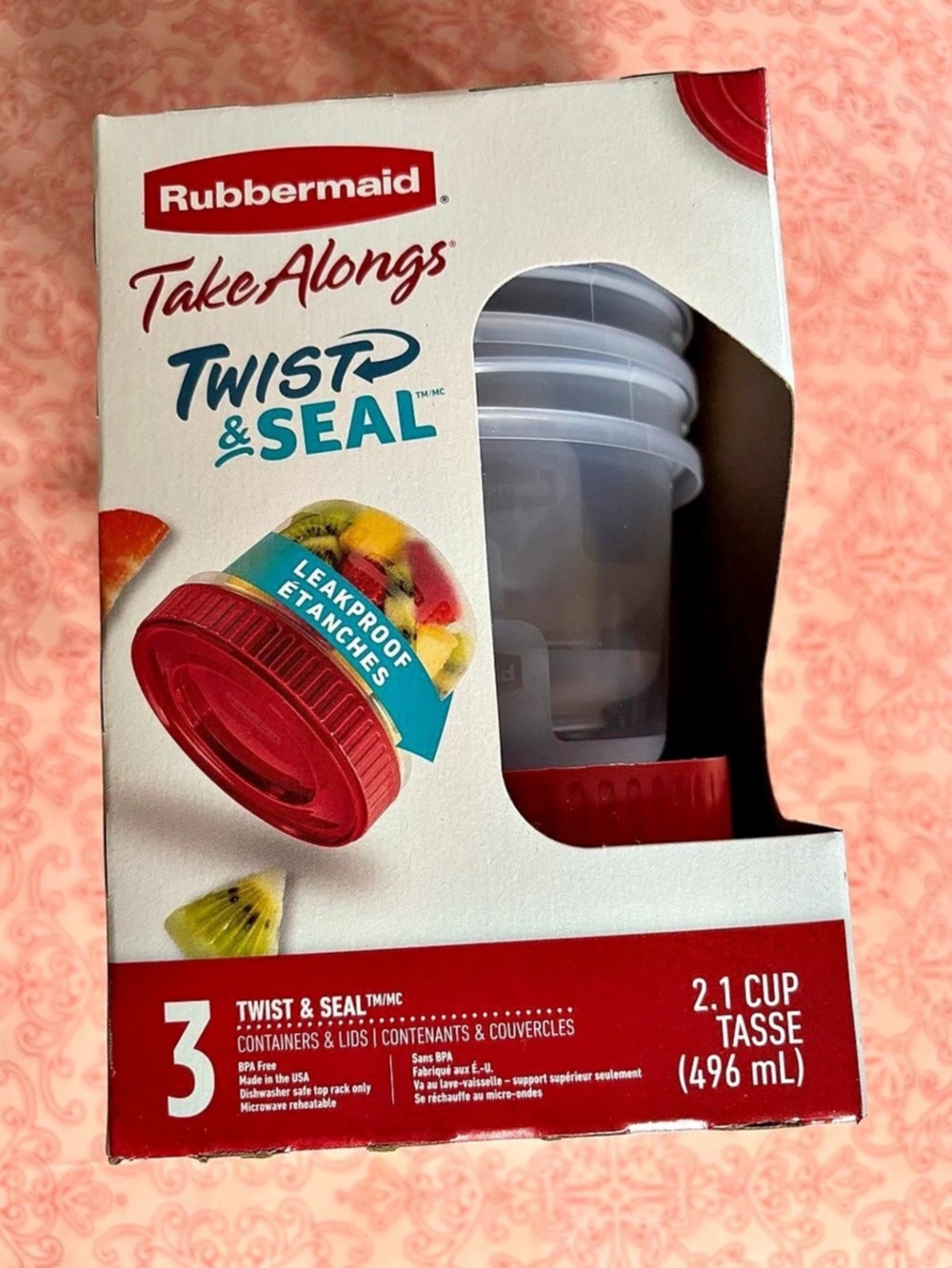 Rubbermaid TakeAlongs Twist & Seal Plastic Containers 3-Piece Red & Clear. NEW!